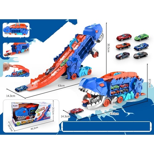 Dinosaur Triceratops Two Deformation with Two Alloy Racing Cars Assortment Green / Blue / Purple (Randomly Select)