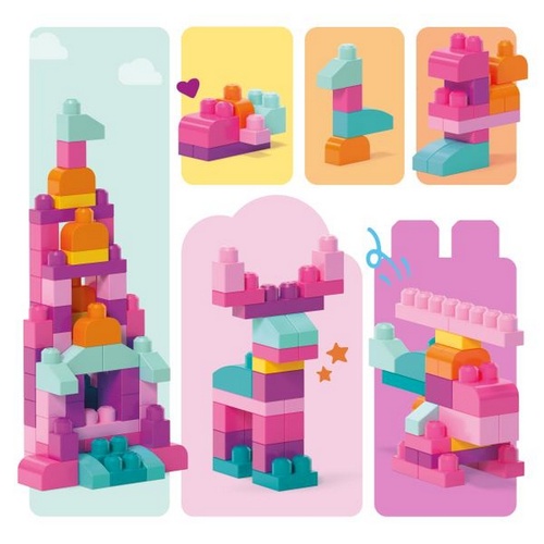 MEGA BLOKS First Builders Toddler Blocks Toys Set Big Building Bag Collection with 80 Pieces and Storage Pink