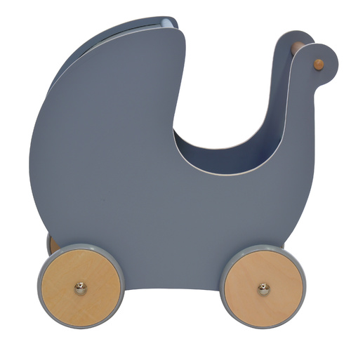 Wooden Dolls Pram Dusty Grey / Blue