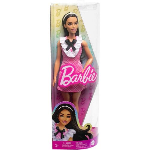 Barbie Fashionistas Doll 209 Black Hair Wearing a Pink Plaid Dress
