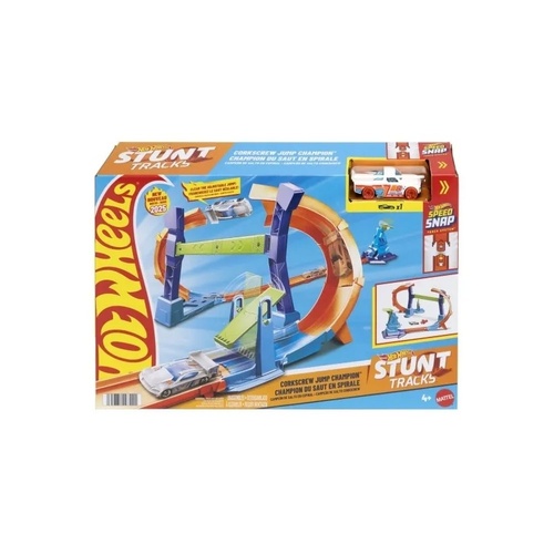 Hot Wheels Stunt Tracks Corkscrew Jump Champion Track Set & 1:64 Scale Toy Car, Speed Snap Track