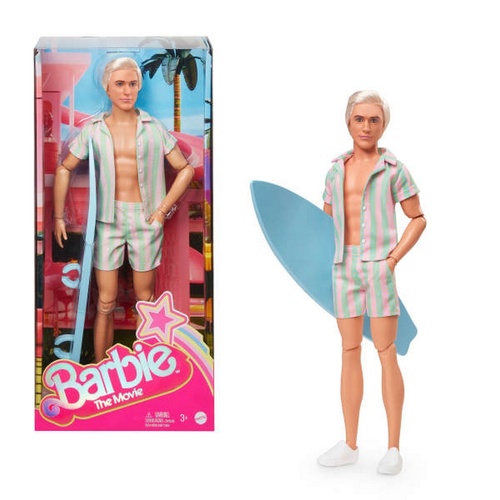 Barbie The Movie Doll -Ken Wearing Pastel Pink and Green Striped Beach Matching Set with Surfboard and White Sneakers