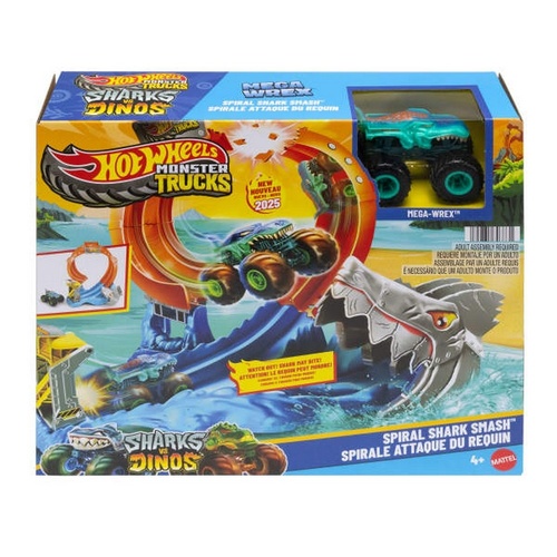 Hot Wheels Monster Trucks Spiral Shark Smash 2025 Sharks VS Dinos