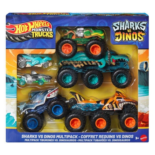 Hot Wheels Monster Trucks Sharks vs Dinos Multipack With 2 Big Rigs, 2 Toy Trucks & 2 Toy Cars